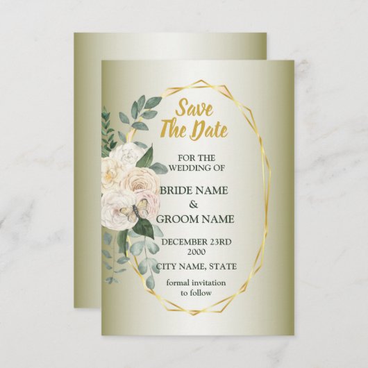 Green Leaves Pink Floral Golden Geometric Wedding Save The Date (Vorne/Hinten)
