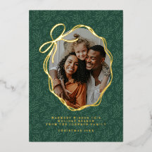 Green Leaves Vintage Gold Bow Christmas Photo