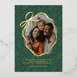 Green Leaves Vintage Gold Bow Christmas Photo Folien Feiertagskarte