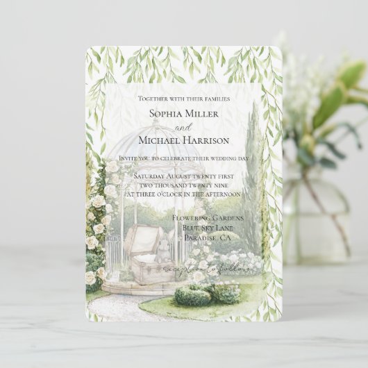 Green Leaves White Floral Love Bunny Wedding Einladung (Stehend Vorderseite)