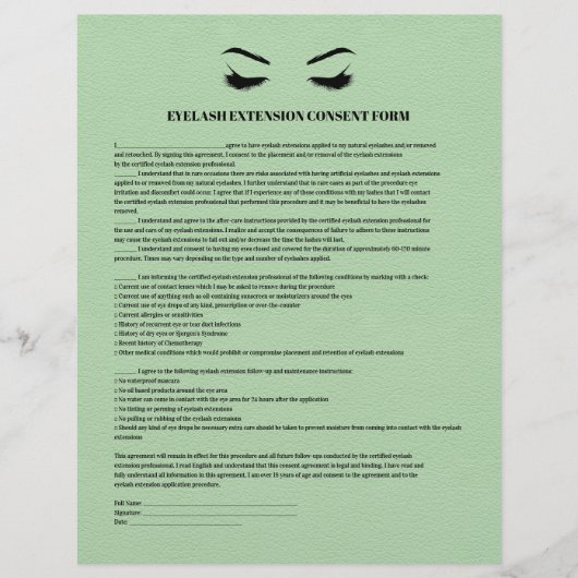 GREEN Leder EYELASH EXTENSION CONSENT FORMULAR Flyer (Vorne)