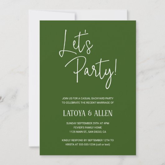 Green Let's Party Lässige Hochzeitsempfehlung entf Einladung (Vorderseite)