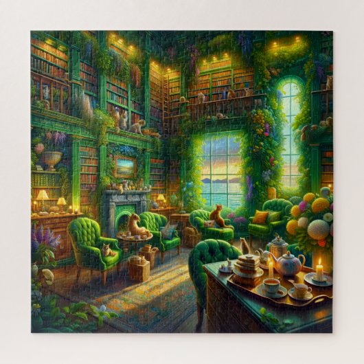 Green Library Cat Coastal View Puzzle (Vertikal)