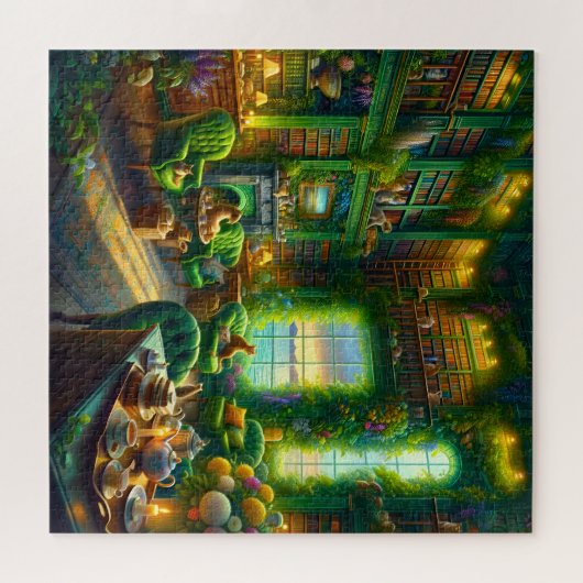 Green Library Cat Tea Time Coastal View Puzzle (Horizontal)