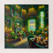 Green Library Cat Tea Time Coastal View Puzzle (Vertikal)
