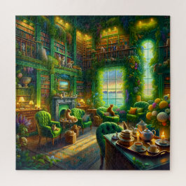 Green Library Cat Tea Time Coastal View Puzzle