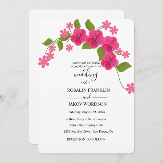 green & light magenta floral wedding einladung (Vorne/Hinten)