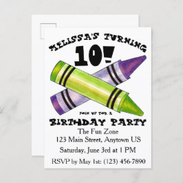 Green Lila Artist Crayons Child Birthday Party Einladungspostkarte