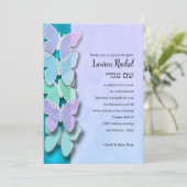 Green Lila Blue Butterfly Bat Mitzvah Einladung (Stehend Vorderseite)