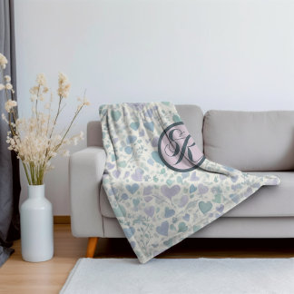 Green Lila Blue Liebe Hearts Fleece Blanket