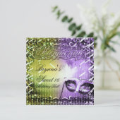 Green & Lila Masquerade Mask Mardi Gras Party Einladung (Stehend Vorderseite)