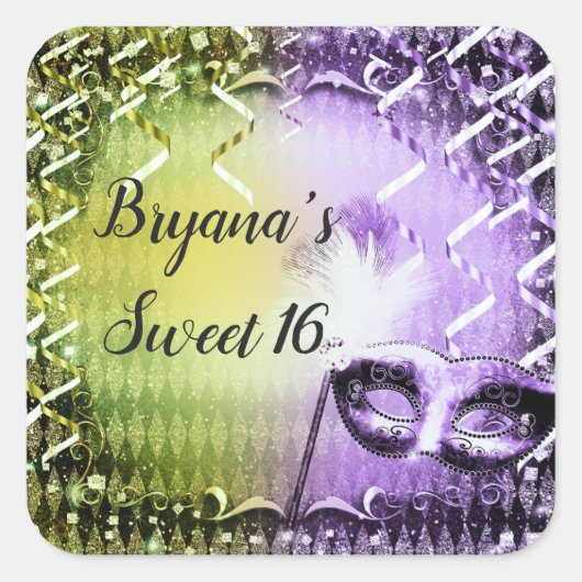 Green & Lila Masquerade Mask Mardi Gras Party Quadratischer Aufkleber (Vorderseite)