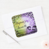 Green & Lila Masquerade Mask Mardi Gras Party Quadratischer Aufkleber (Umschlag)