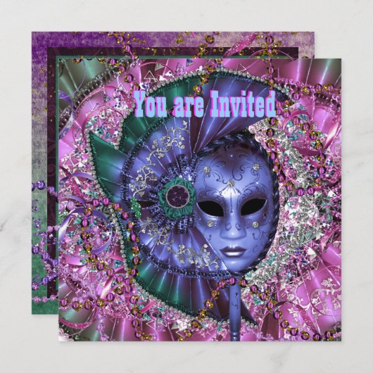 Green Lila Masquerade Party Einladung (Vorne/Hinten)
