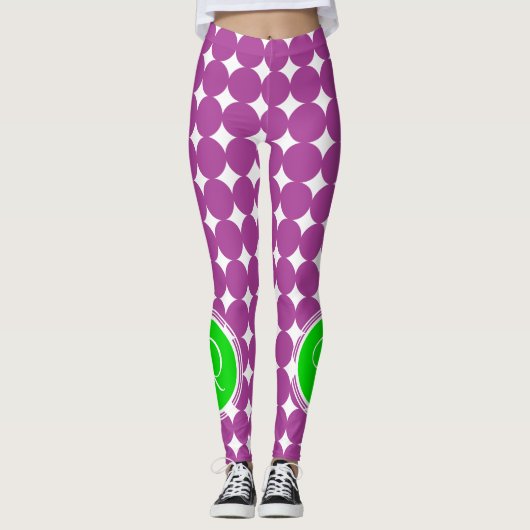 Green & Lila Polka Dot Monogramm Leggings (Vorderseite)