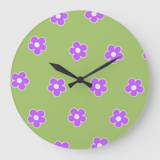 Green Lila Retro Y2K Blume Muster Große Wanduhr (Vorderseite)