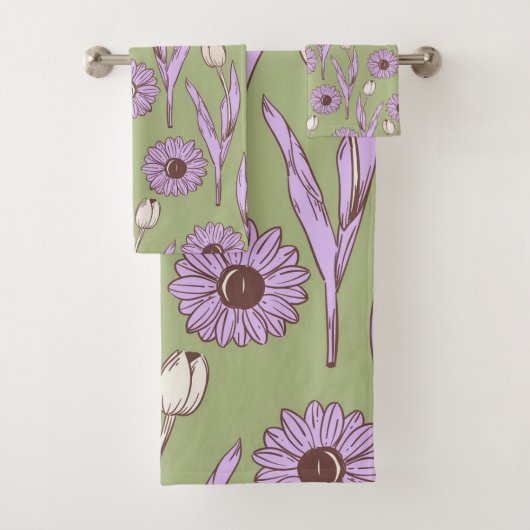 Green Lila Retro Y2K Funky Hippie Blume Muster Badhandtuch Set (Insitu)