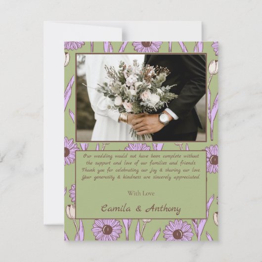 Green Lila Retro Y2K Funky Hippie Blume Muster Dankeskarte (Rückseite)