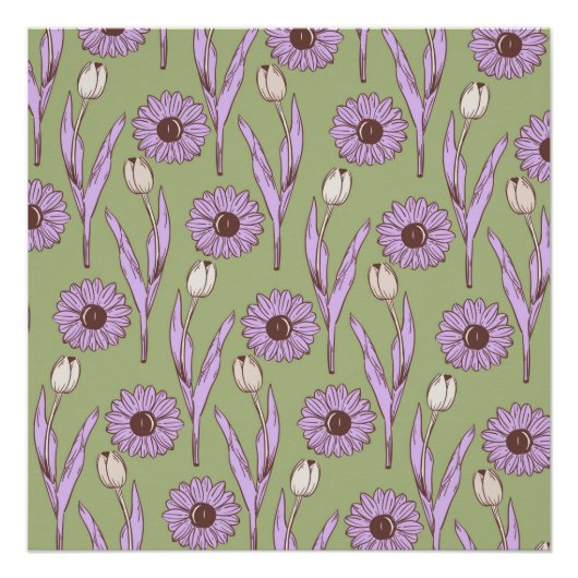 Green Lila Retro Y2K Funky Hippie Blume Muster Poster (Vorderseite)