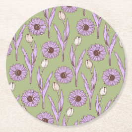 Green Lila Retro Y2K Funky Hippie Blume Muster Runder Pappuntersetzer