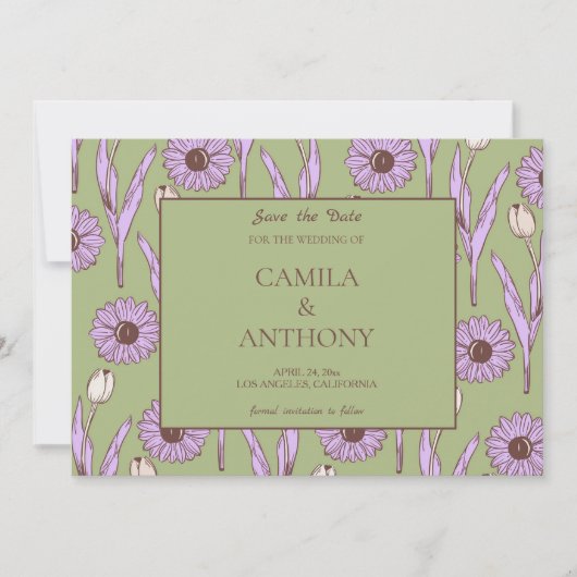 Green Lila Retro Y2K Funky Hippie Blume Muster Save The Date (Vorderseite)