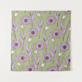 Green Lila Retro Y2K Funky Hippie Blume Muster Wandteppich