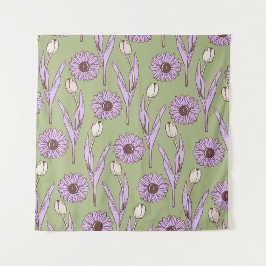 Green Lila Retro Y2K Funky Hippie Blume Muster Wandteppich (Vorderseite)