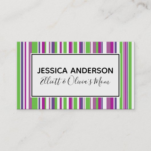 Green & Lila Stripes Mommy Playdate Calling Card Telefonnummerkarte (Vorderseite)