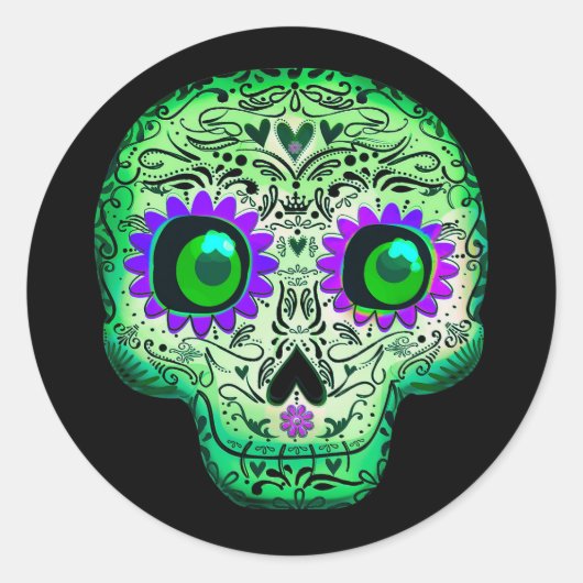 Green & Lila Sugar Skull Black Halloween-Party Runder Aufkleber (Vorderseite)