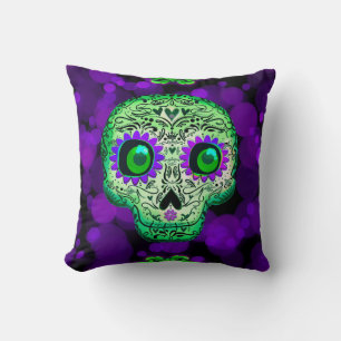 Green & Lila Sugar Skull GlasshHalloween Kissen
