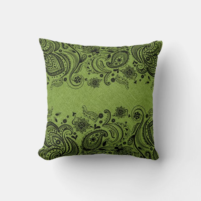 Green Linen & Black Paisley Lace Kissen (Vorderseite)
