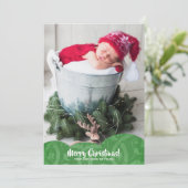 Green Linen Filigree Foto Weihnachtskarte Feiertagskarte (Stehend Vorderseite)