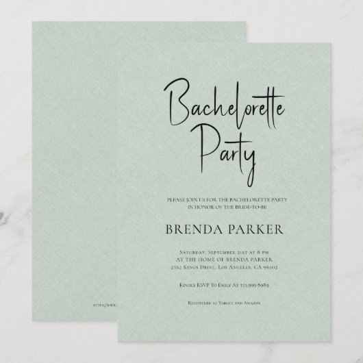 Green Linen Simple Black Script Junggeselinnen-Abs Einladung (Vorne/Hinten)