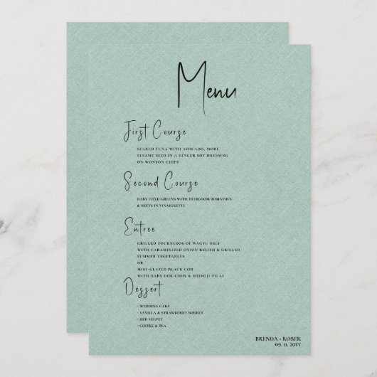 Green linen Simple Black Script Welcome Menu Einladung (Vorne/Hinten)