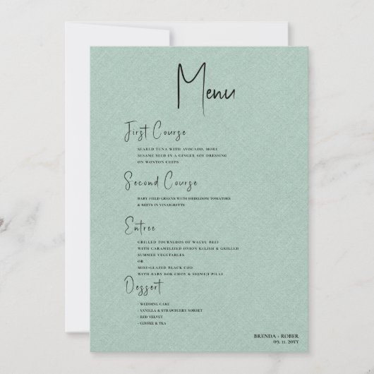 Green linen Simple Black Script Welcome Menu Einladung (Vorderseite)