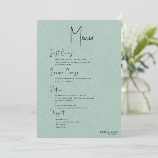 Green linen Simple Black Script Welcome Menu Einladung (Stehend Vorderseite)