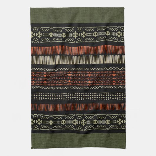 Green Linen Tribal Muster Geschirrtuch (Vertikal)