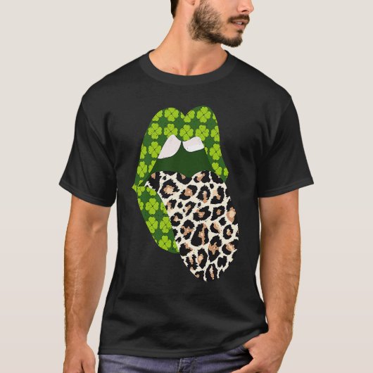 Green Lips Leopard Print Tongue Out St Patricks Da T-Shirt (Vorderseite)