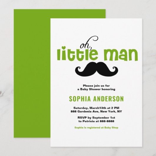 Green Little Man Mustache Kinderdusche Einladung (Vorne/Hinten)