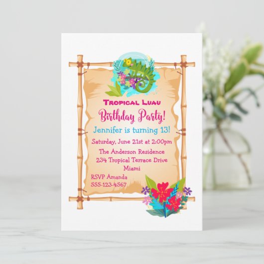 Green Lizard Tropical Luau Birthday Invite Einladung (Stehend Vorderseite)