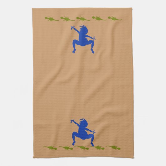 Green Lizards & Blue Dancing Kokopelli Geschirrtuch (Vertikal)