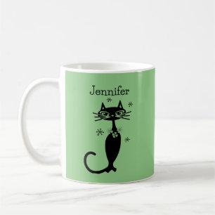 Green Long Necked Cat MCM Style Coffee Retro Tasse