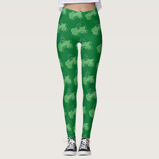Green Lucky Clover Leaf St. Patrick's Day Leggings (Vorderseite)