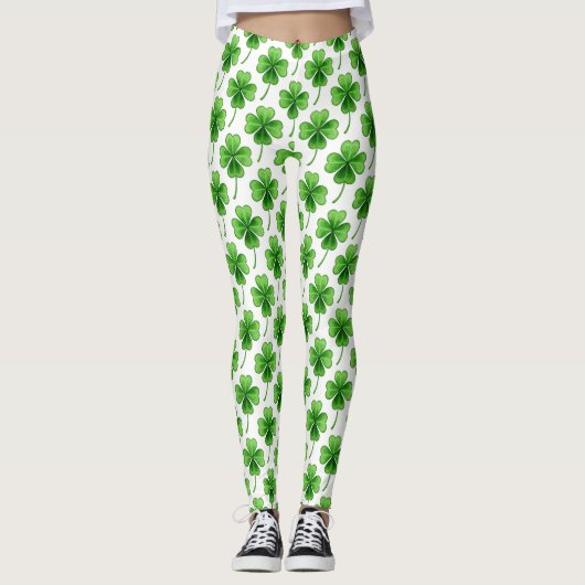 Green Lucky Clover Pattern St Patrick's Day Leggings (Vorderseite)