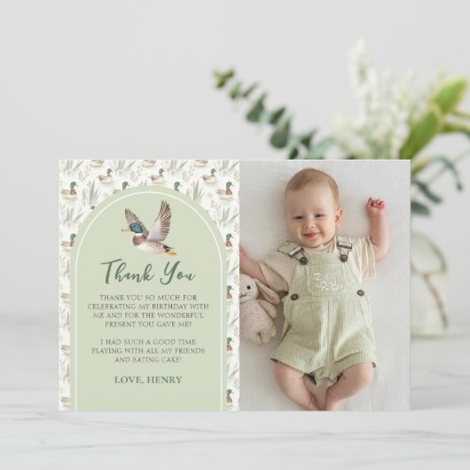 Green Lucky Duck Boy Birthday Foto Danke Karte (Stehend Vorderseite)