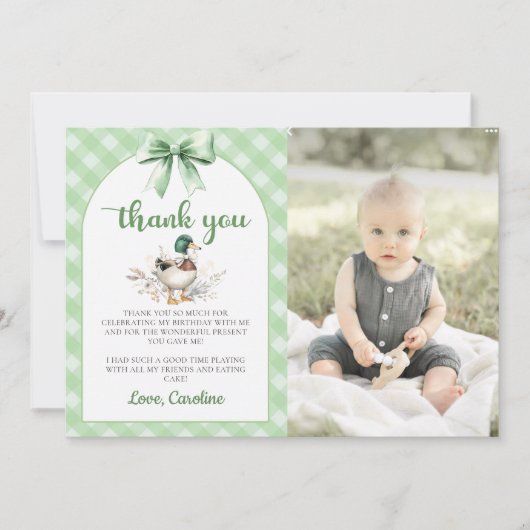 Green Lucky Duck Boy Birthday Foto Danke Karte (Vorderseite)