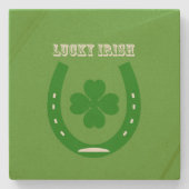 Green Lucky Horseshoe mit 4 Blatt Kleeblatt Steinuntersetzer (Vorderseite)