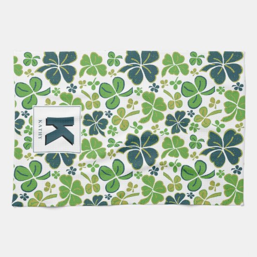 Green Lucky Kleeblatt Clover Muster Mit Monogramm Geschirrtuch (Horizontal)