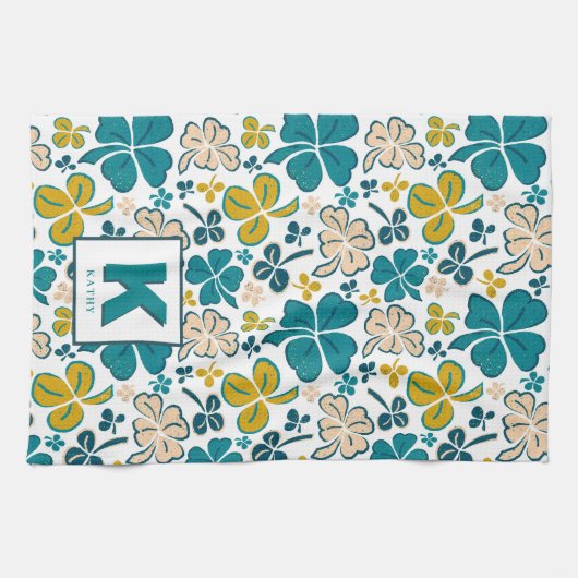 Green Lucky Kleeblatt Clover Muster Mit Monogramm Geschirrtuch (Horizontal)
