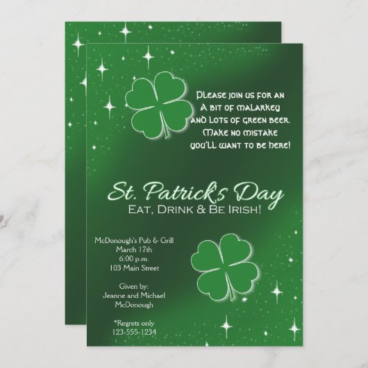 Green Lucky Stars St Patricks Party Einladung (Vorne/Hinten)